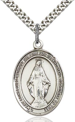 Sterling Silver Miraculous Medal Oval Patron Medal Pendant Necklace by Bliss