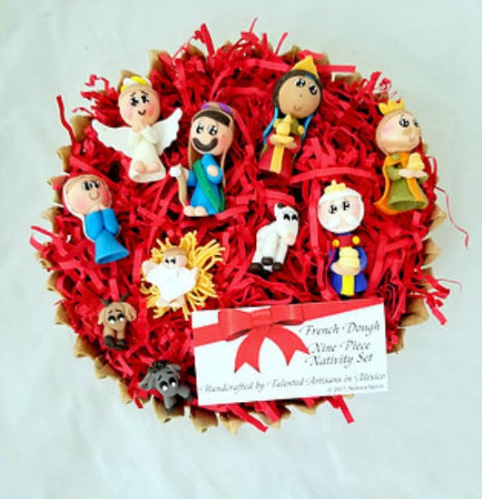 Handcrafted French Dough Nine Piece Nativity Set - Made in Mexico FAIR TRADE ITEM!