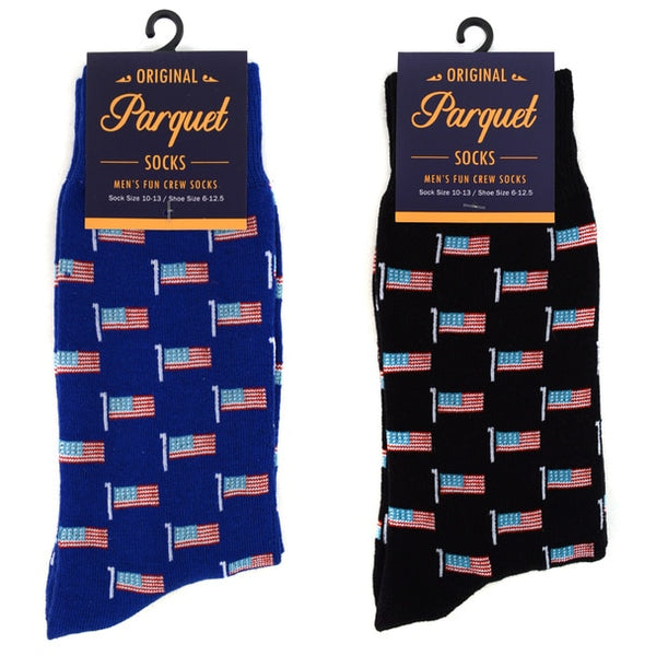 Men's American Flag Blue or Black Novelty Parquet Socks - One Size Fits All