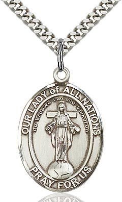 Sterling Silver Our Lady of All Nations Oval Patron Medal Pendant Necklace by Bliss