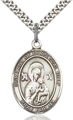 Sterling Silver Our Lady of Perpetual Help Oval Patron Medal Pendant Necklace by Bliss