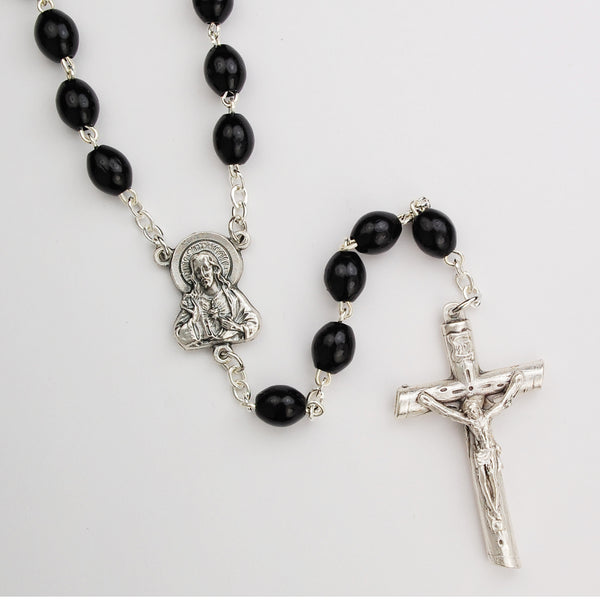 4x6MM Black Wooden Rosary with Sacred Heart Centerpiece -  Boxed