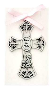 Pewter Cross Baby Crib Medal "Bless This Child" Pink or Blue Ribbon Made in USA!