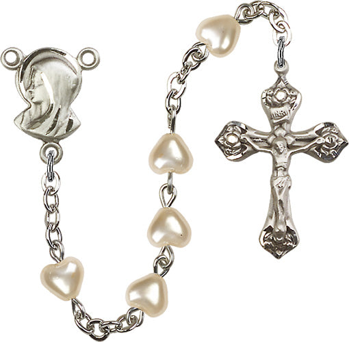 Madonna Silver Plate 6MM Faux Pearl Heart Bead Rosary by Bliss