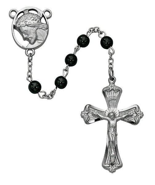 6MM Hermatite Rosary with Jesus with Crown of Thornes Center Boxed