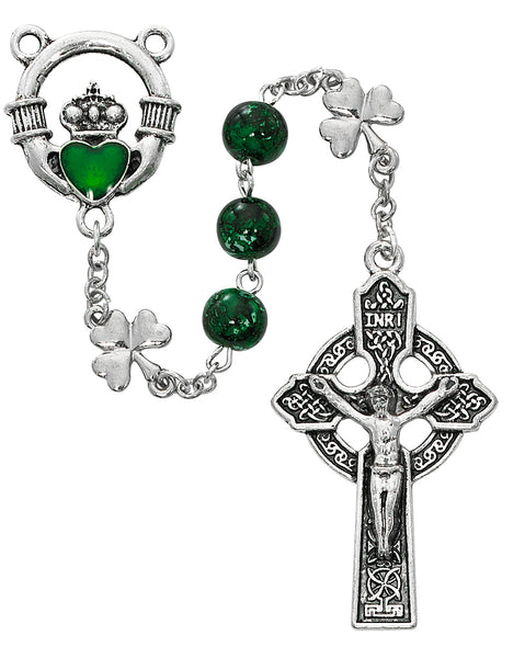 8MM Green Glass Shamrock Rosary with Claddagh Center Irish Celtic