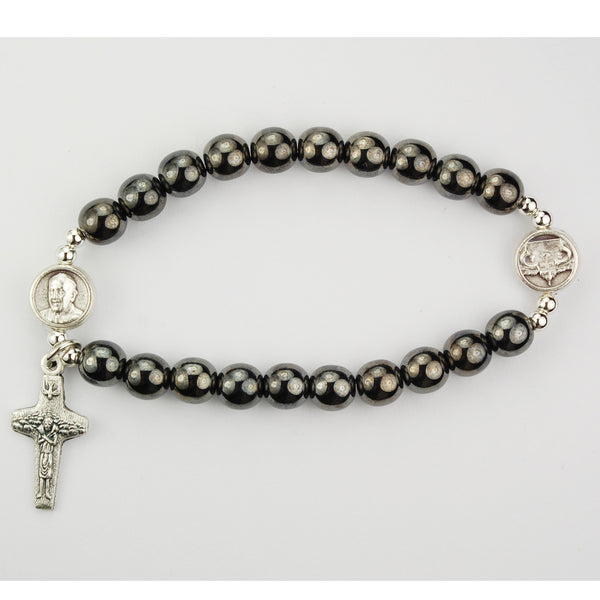 Pope Francis Hematite Stretchable Bracelet with Papal Crucifix Charm - Made in Italy!