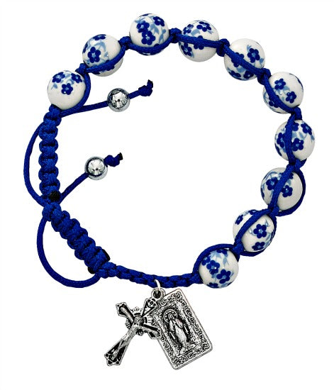 Miraculous Medal Blue Floral Ceramic Beaded Corded Bracelet Adjustable BR902C