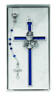 Blue First Communion Rosary and Wall Cross with Chalice Image Set