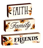 Fall Themed 3Pc Wood Block Sign - Faith Family Friends OR Begin with Gratitude