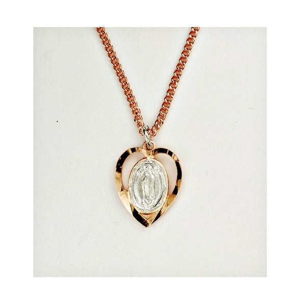 2-Tone Our Lady of Guadalupe in Heart Pendant Necklace - Rose Gold & Pewter